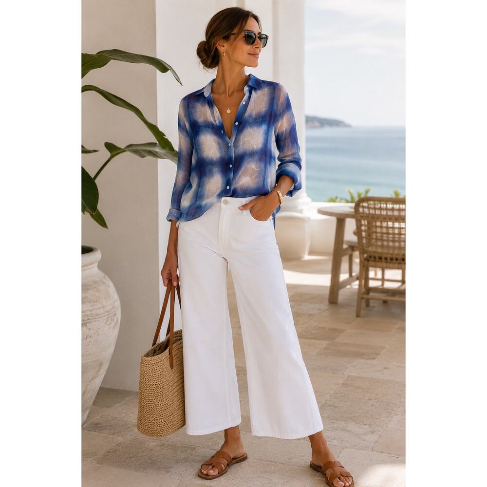 J.Crew Garçon Classic Sheer Gauzy Blue Plaid Blouse Coastal Resort $118 Retail
